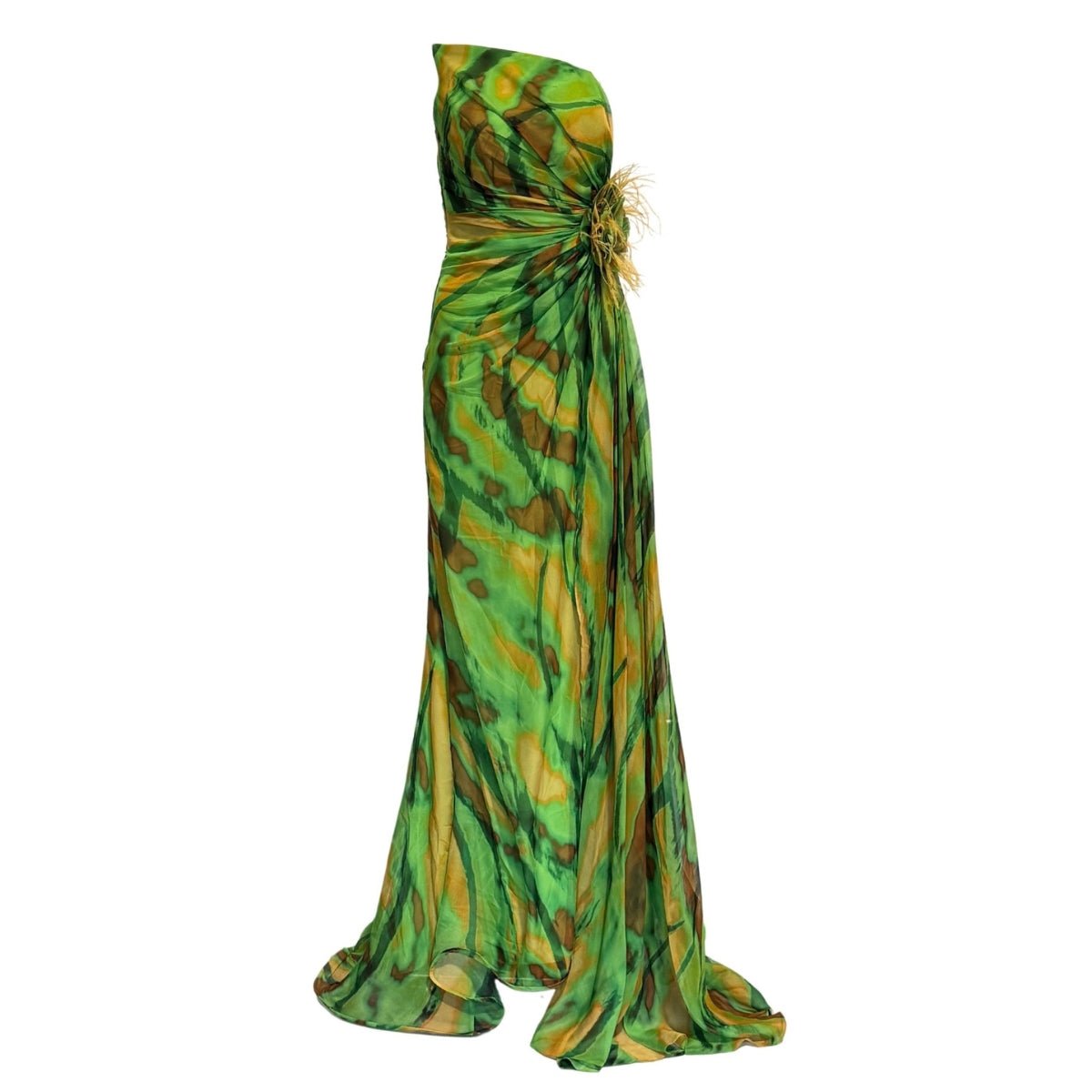 Robe de soirée décolletée sans bretelles, imprimé vert et violet - Catalogue Runway