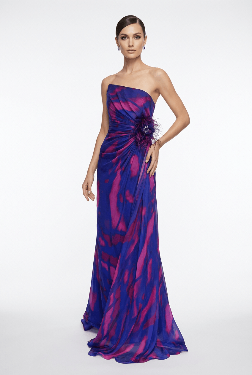 Dekolte Strapless Ombré Chiffon Gown with Feather Brooch - Runway Catalog