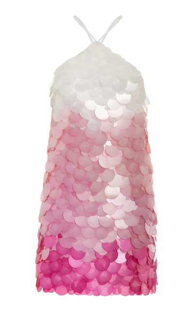 DES_PHEMMES Pink Paillette - sequined Mesh Halter Mini Dress - Runway Catalog