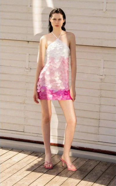 DES_PHEMMES Pink Paillette - sequined Mesh Halter Mini Dress - Runway Catalog