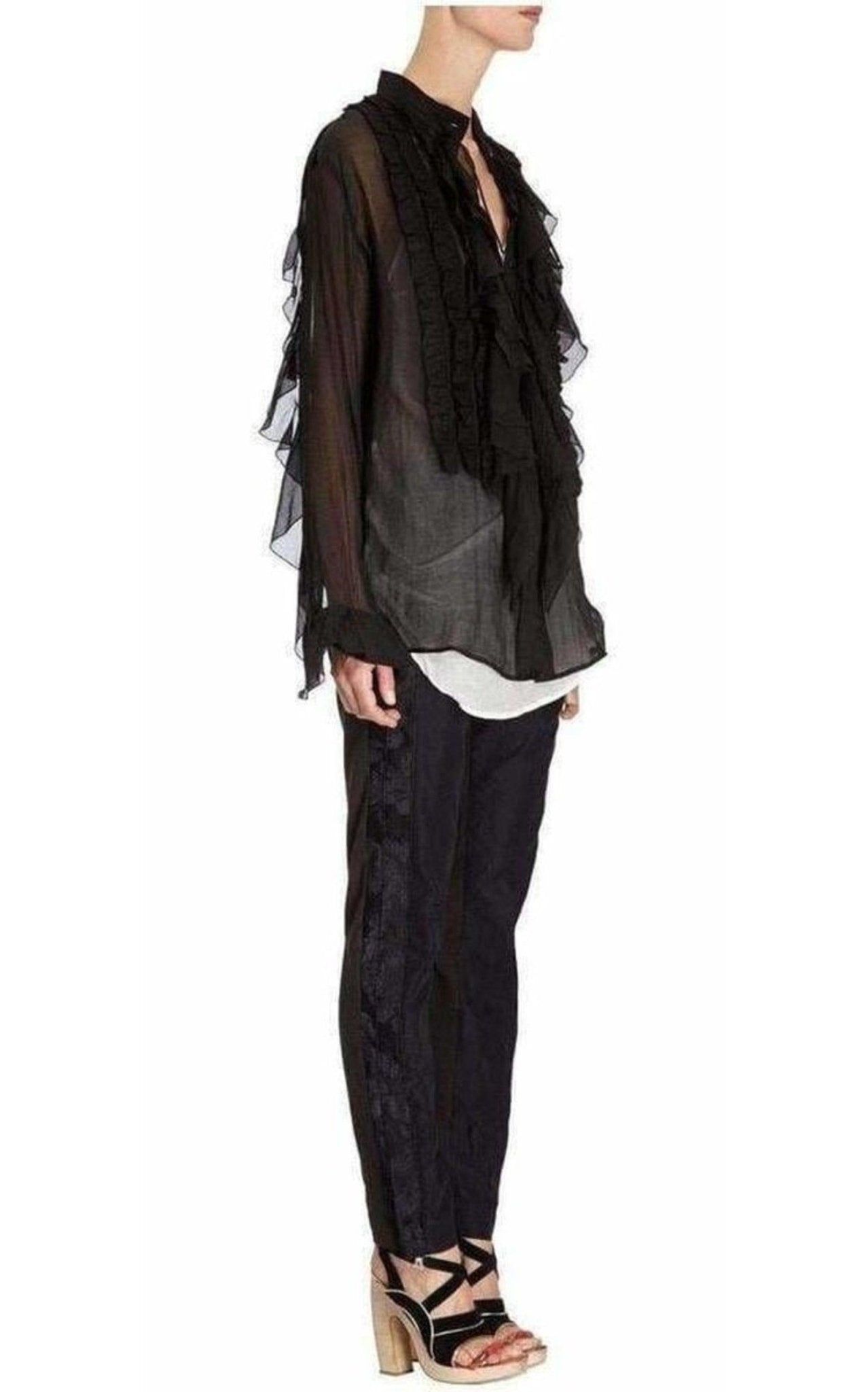 Camisa negra con volantes de algodón y seda mezclados de Dries Van Noten - Catálogo de pasarela