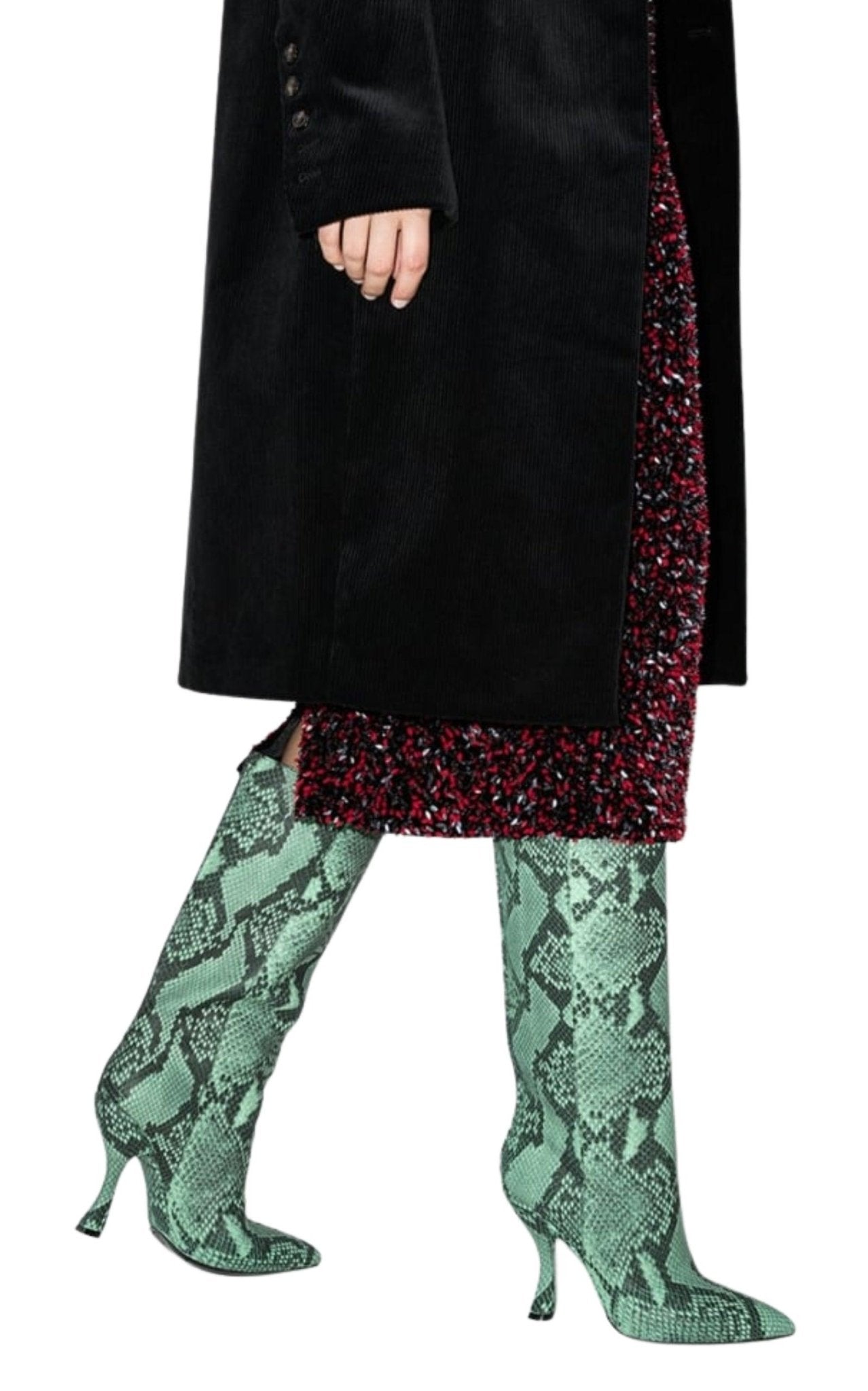 Dries Van Noten Grüne 100 Lederstiefel mit Schlangenprint – Runway-Katalog