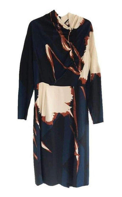 Dries Van Noten Navy Crepe Abstract Print Dress - Runway Catalog