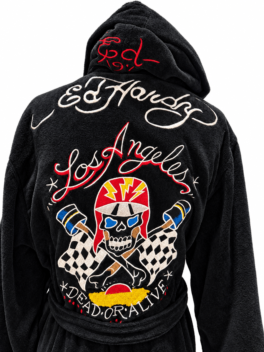 Black Ed Hardy hooded robe featuring a large embroidered graphic on the back with a skull in a red and yellow racing helmet, crossed checkered flags, and the words 'Los Angeles' and 'Dead or Alive'.