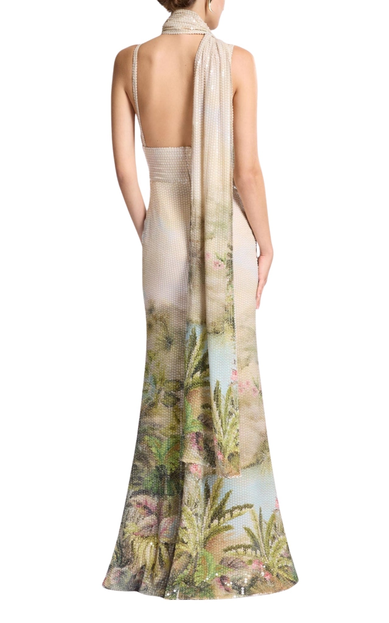 Elie Saab Oasis sequin printed mermaid evening gown with open back