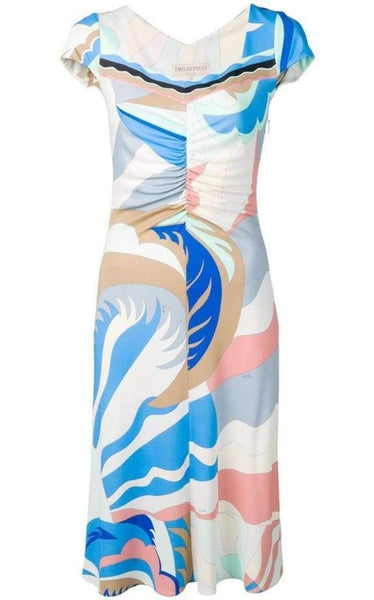 pucci blue dress Emilio Pucci Blue Acapulco Print Gathered Silk Blend Dress