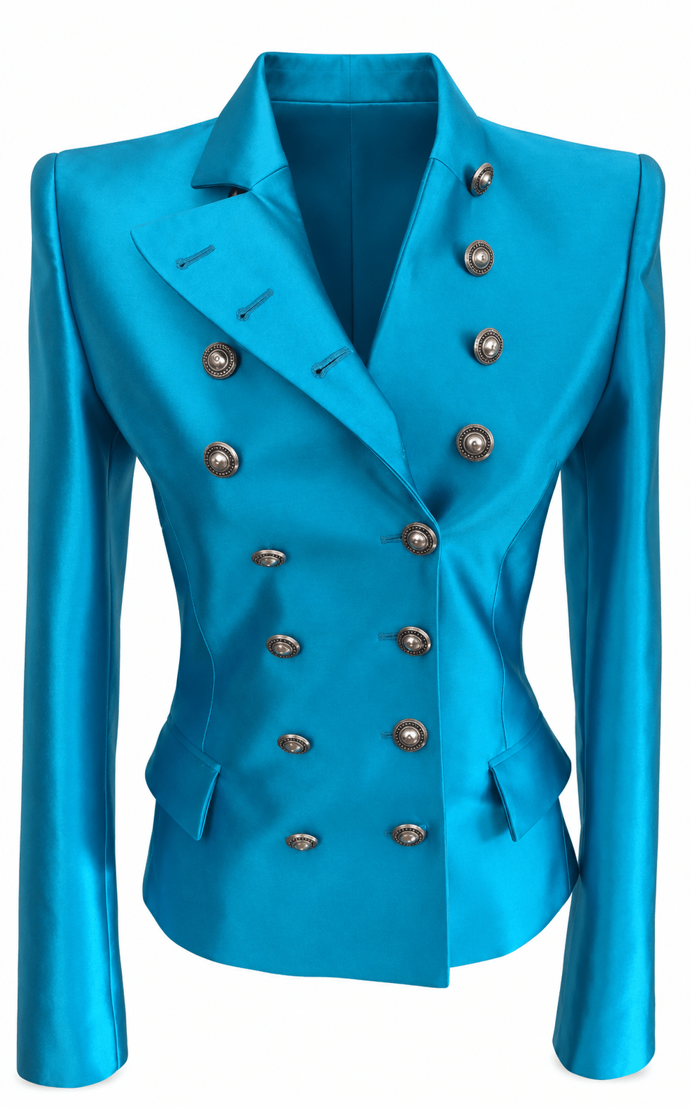 blue satin blazer with double button closure