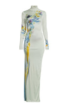 Galvan thistle print liquid jersey gown with high neckline and long sleeves, floor-length silhouette, front view