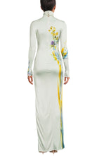 Galvan thistle print liquid jersey gown with high neckline and long sleeves, floor-length silhouette, front view