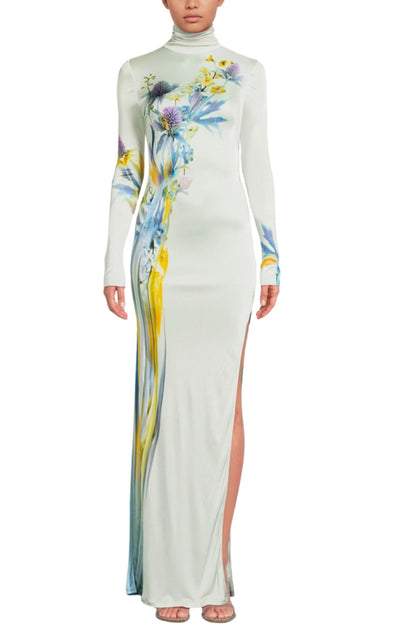 Galvan thistle print liquid jersey gown with high neckline and long sleeves, floor-length silhouette, front view