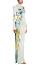 Galvan thistle print liquid jersey gown with high neckline and long sleeves, floor-length silhouette, front view