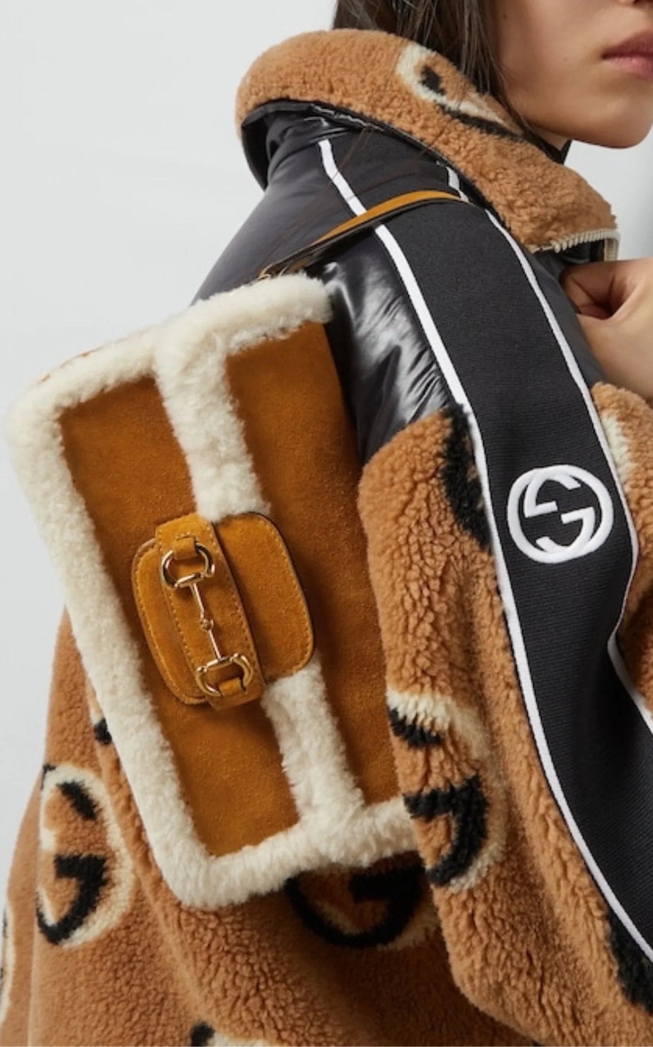 Gucci 1955 Horsebit Mini Brown Suede Tote Bag with Shearling Trim