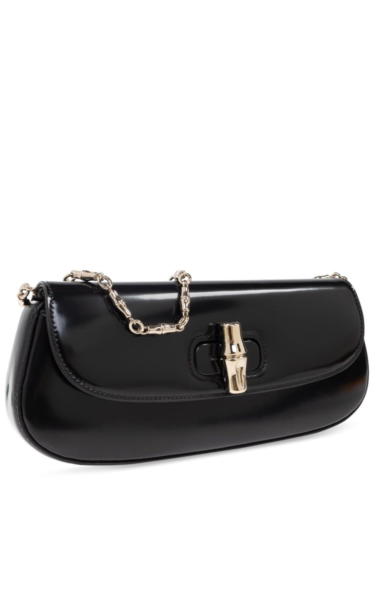 Gucci Bamboo Night small black shiny leather shoulder bag with bamboo closure and chain strap