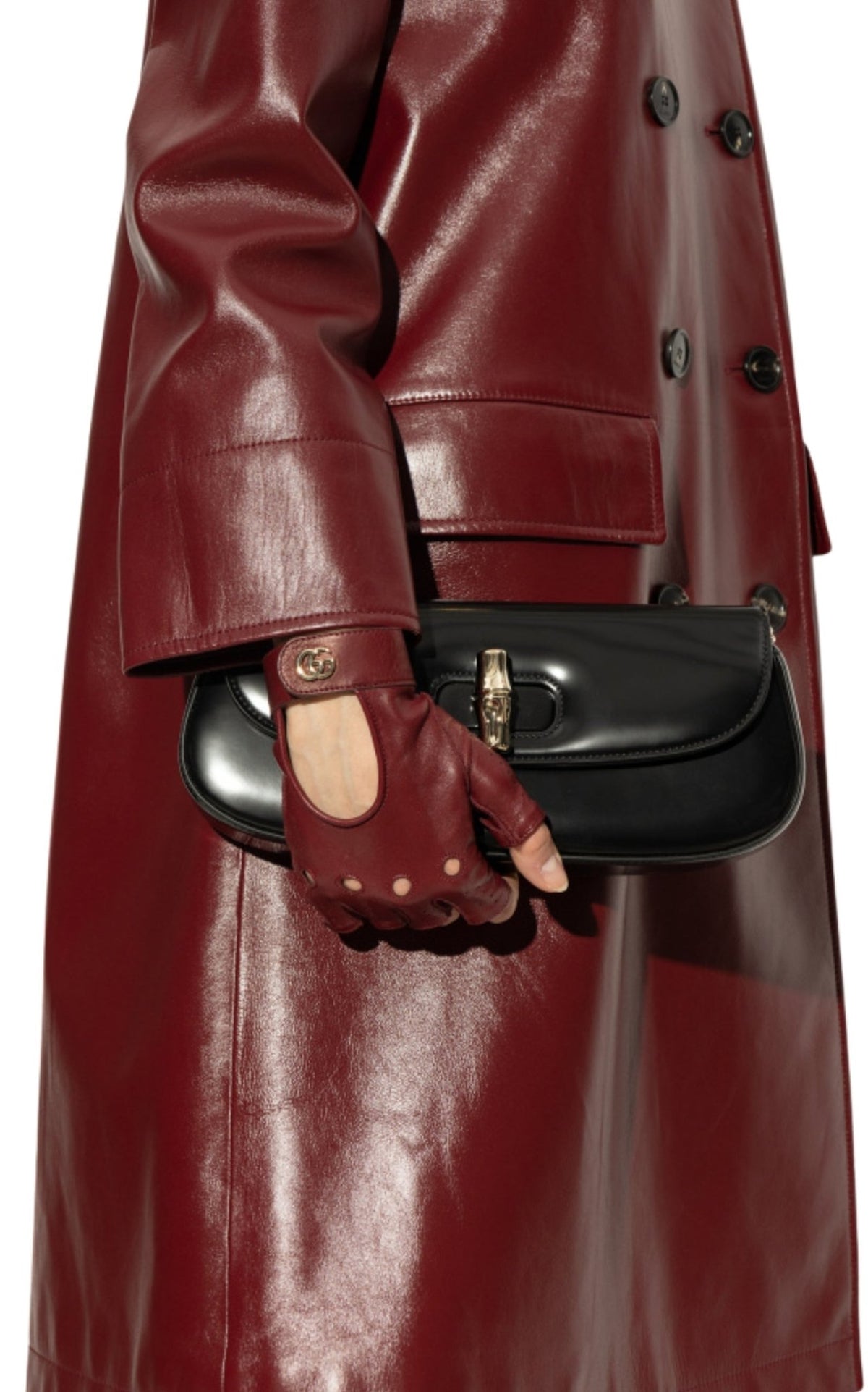Gucci Bamboo Night small black shiny leather shoulder bag with bamboo closure and chain strap