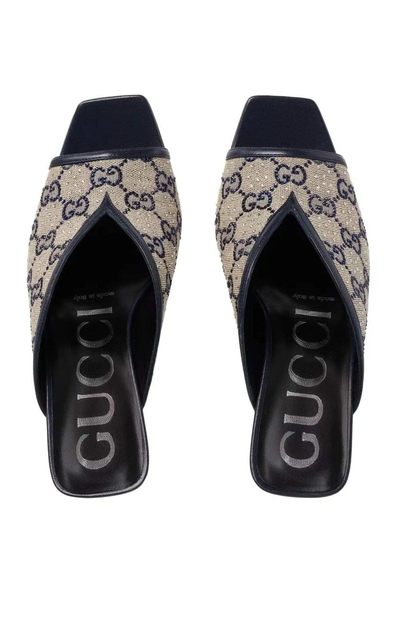 Gucci Beige GG Supreme Canvas Crystal Embellishment Mules - Runway Catalog