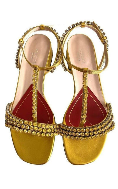 Gucci Bertie Embellished Metallic Leather Sandals - Runway Catalog