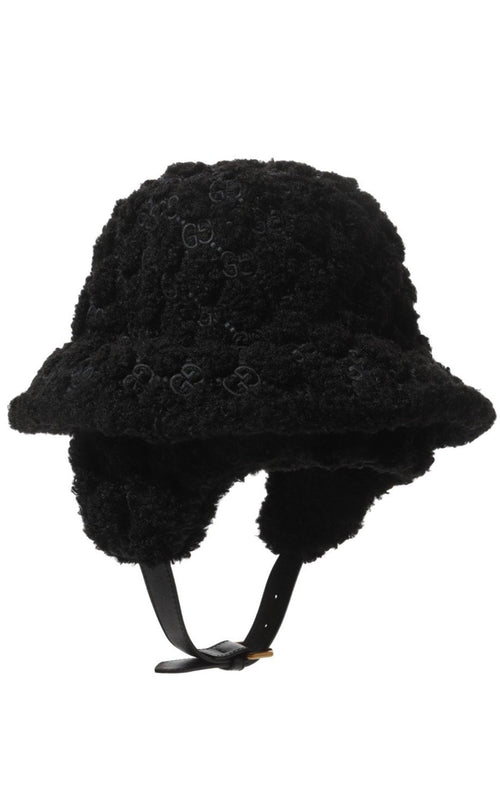 Gucci black bucket hat with fur ears /chin strap Gucci Black Curly Gg Eco Fur Hat With Ear Flaps - Runway Catalog main image 3