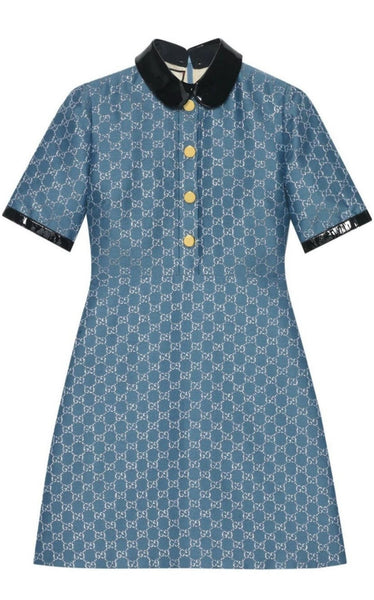 Gucci Blue GG Lam Dress With Detachable Collar Runway Catalog Gucci Blue GG Lam Dress With Detachable Collar Runway Catalog
