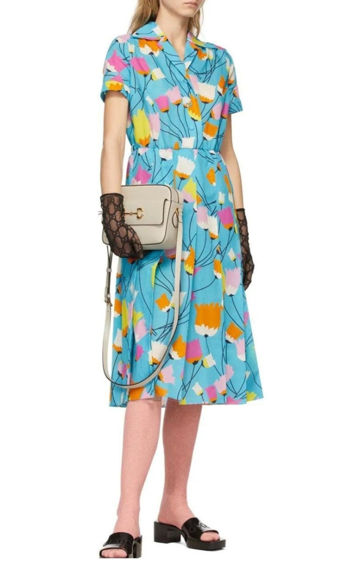 Gucci Blue Tulip Print Pleated Dress