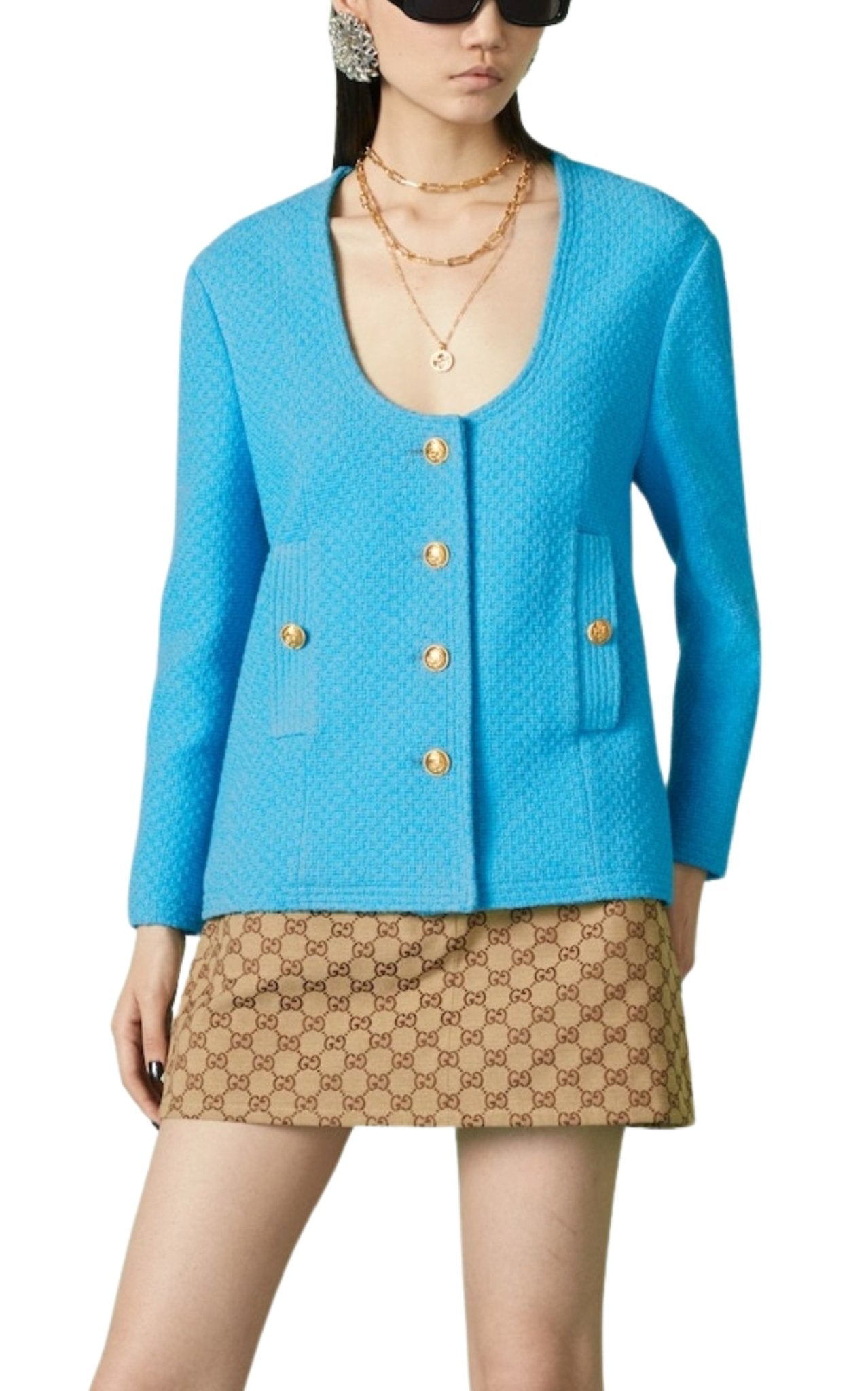 Gucci Blue Turquoise Cotton Tweed Jacket - Runway Catalog
