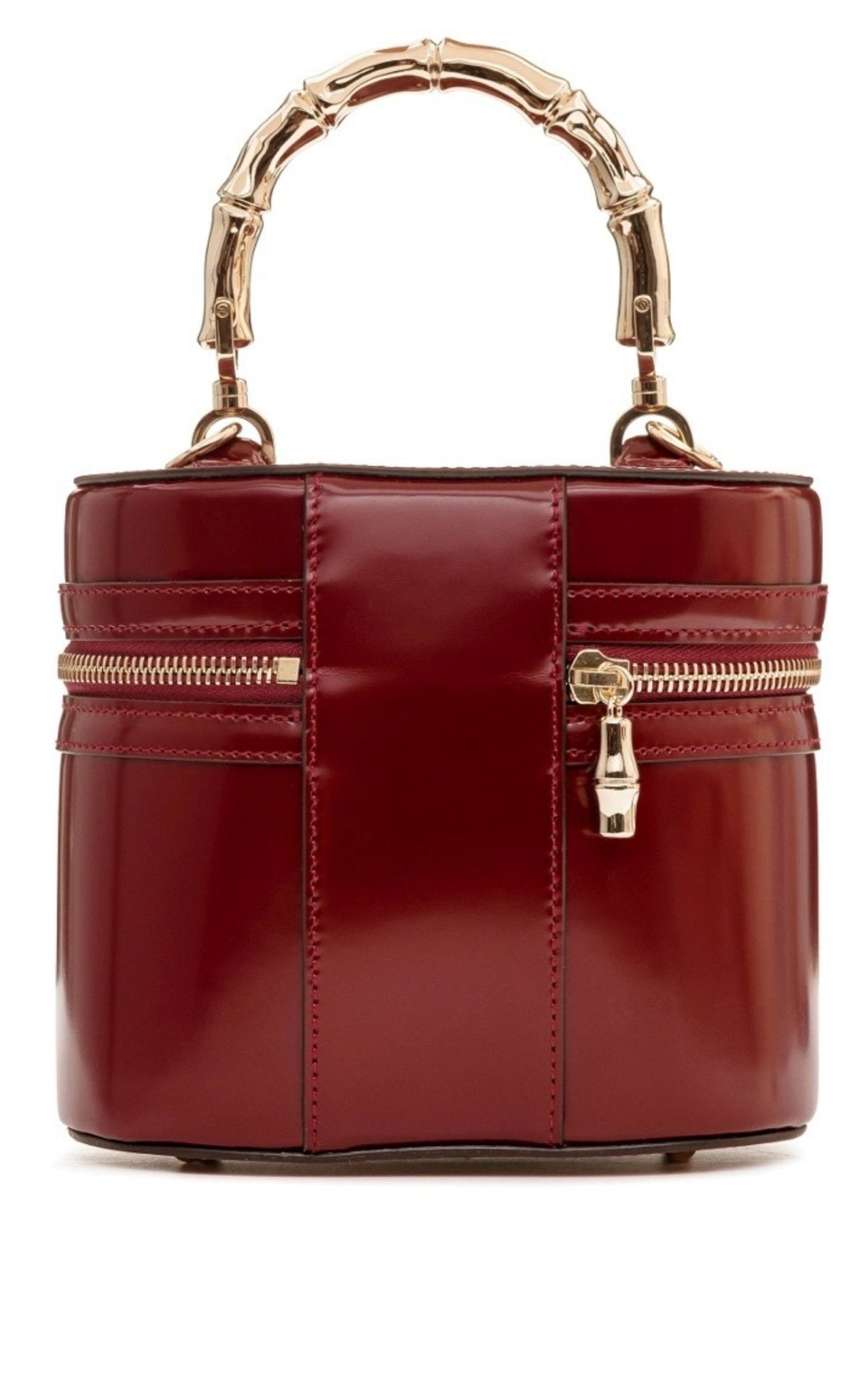 Gucci burgundy glossy leather bucket bag with bamboo-inspired top handle