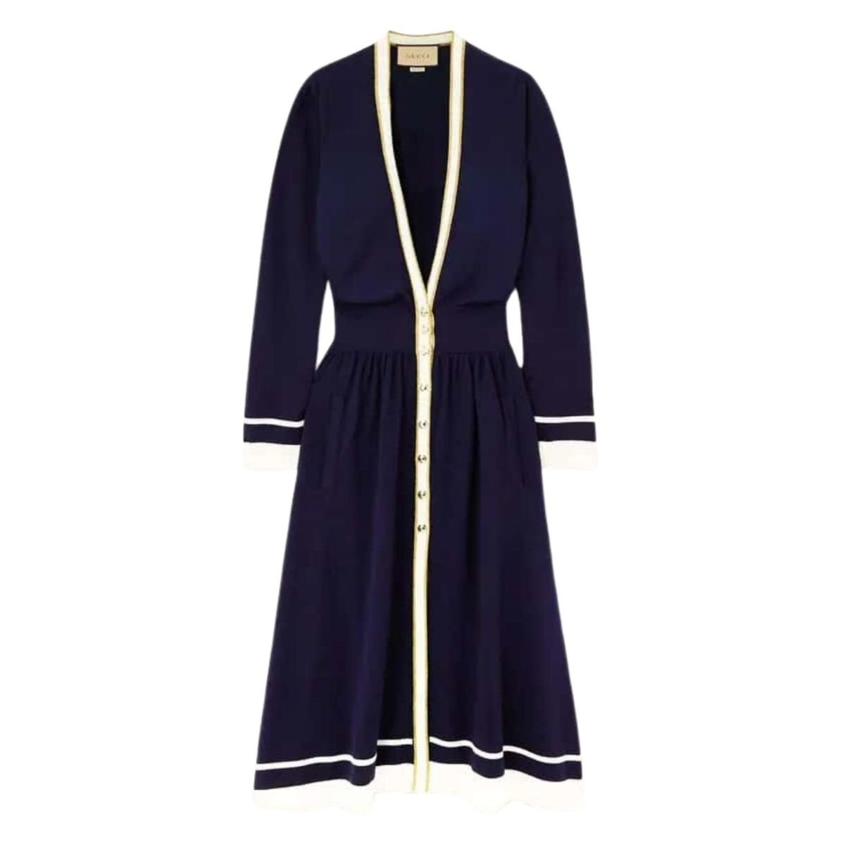 Gucci Button - Embellished Striped Wool Midi Dress - Runway Catalog