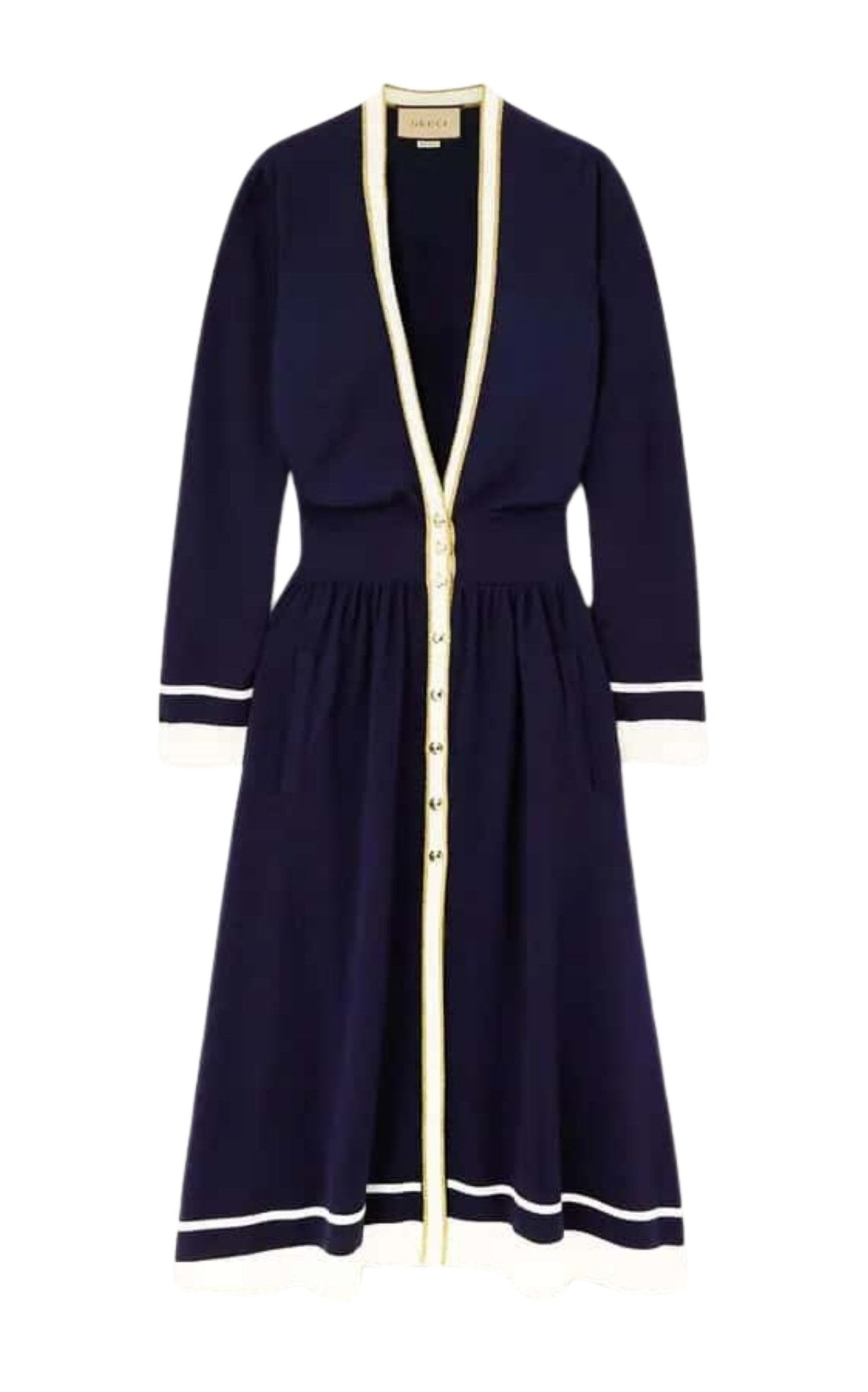 Gucci Button - Embellished Striped Wool Midi Dress - Runway Catalog