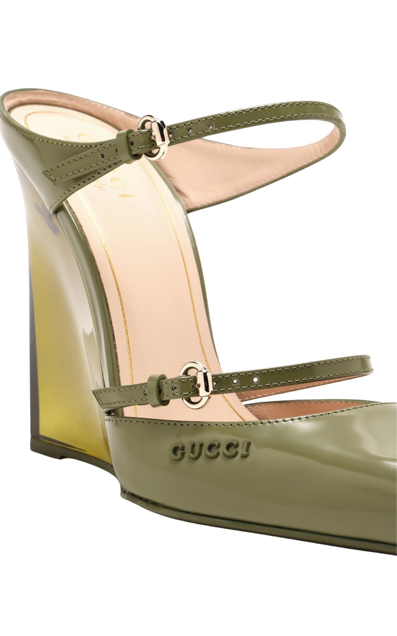 Gucci Christy 110 Green Leather Wedge Mules