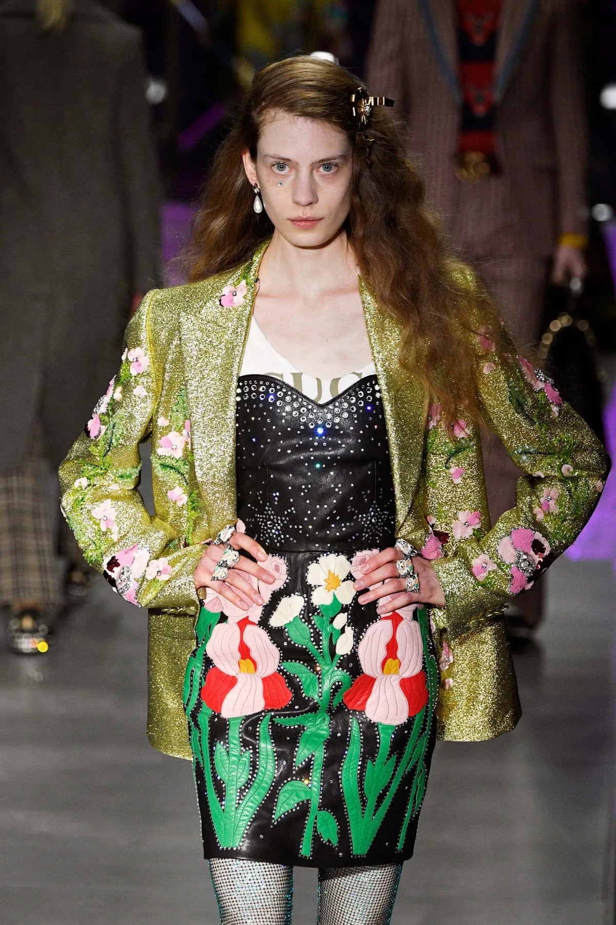 Gucci Fall 2017 archival runway black leather strapless dress with floral intarsia and stud embellishments