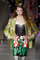 Gucci Fall 2017 archival runway black leather strapless dress with floral intarsia and stud embellishments
