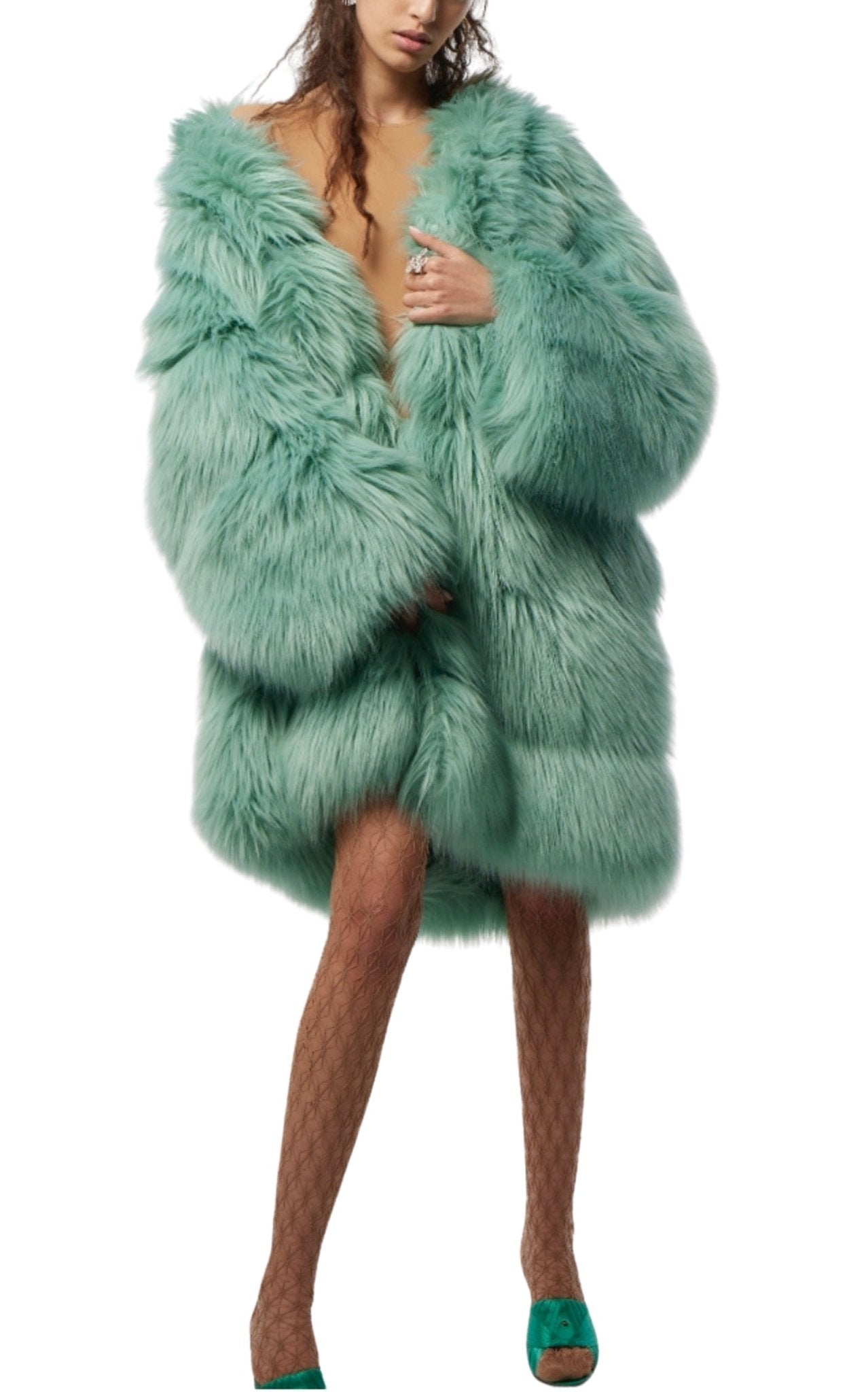 Gucci Faux Fur Coat in Mint, Silk - Lined, Made in Italy - Runway Catalog