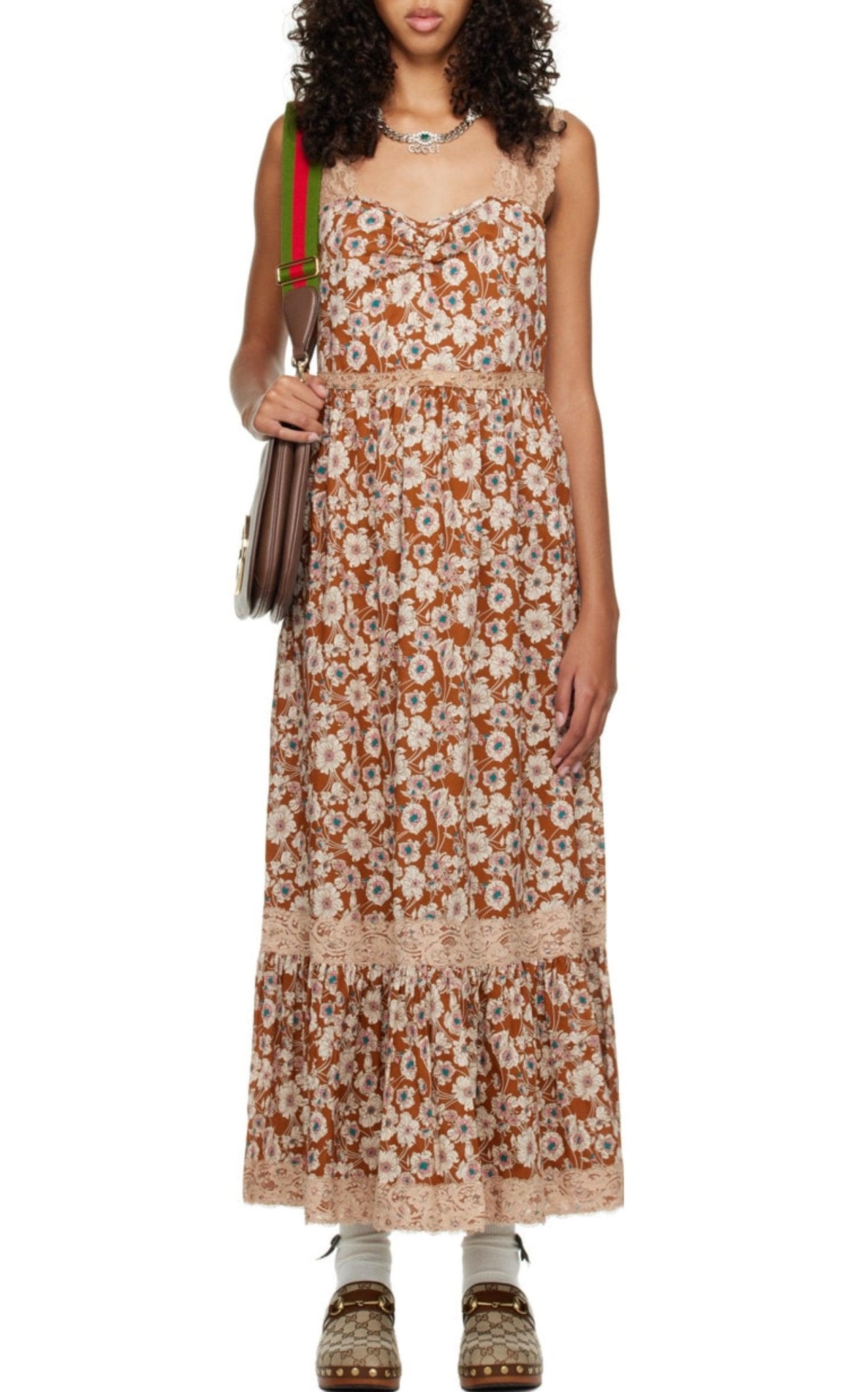 Gucci Floral-print Lace-trimmed Twill Dress