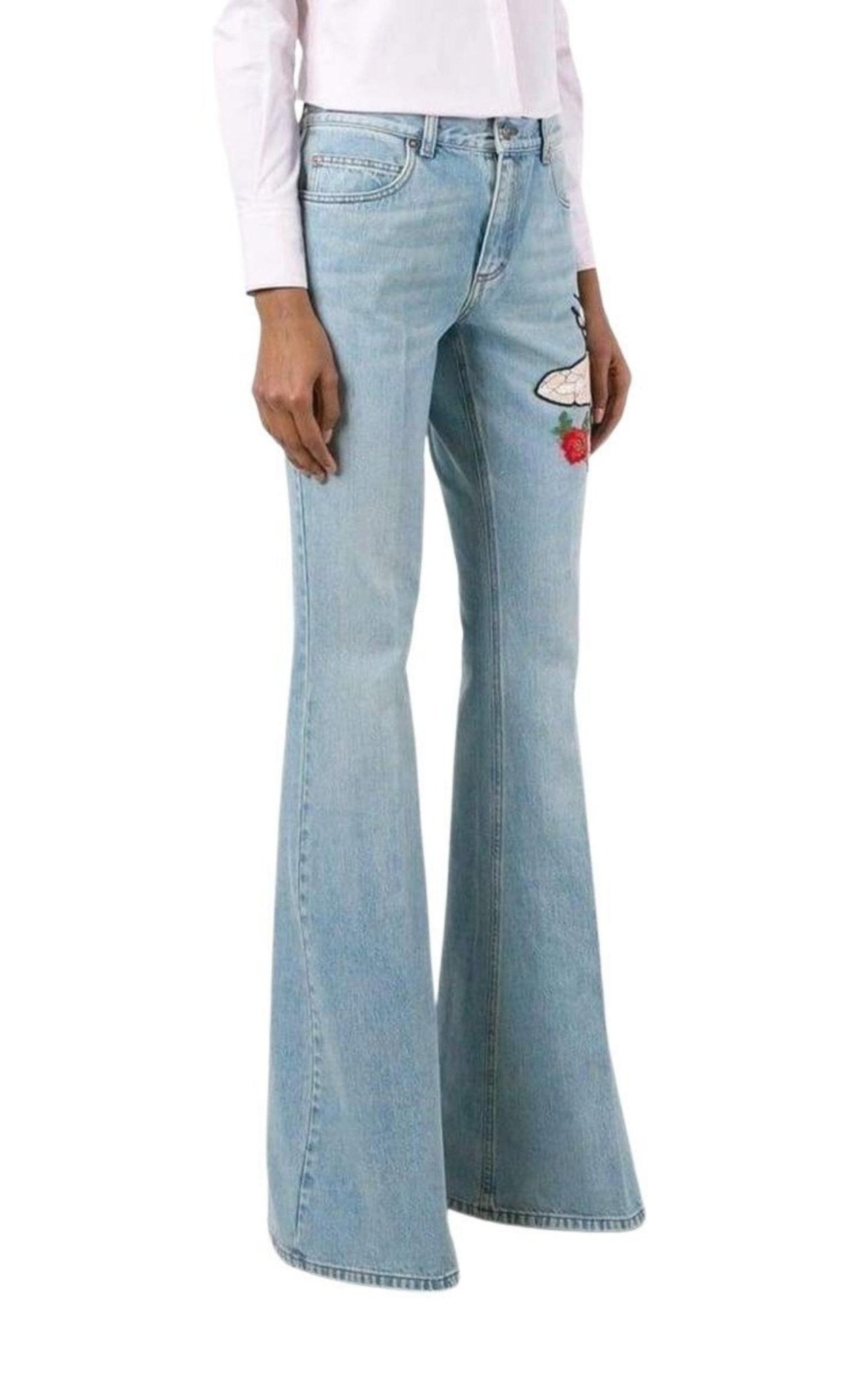 Gucci Fly Embroidered Flared Cotton Jeans