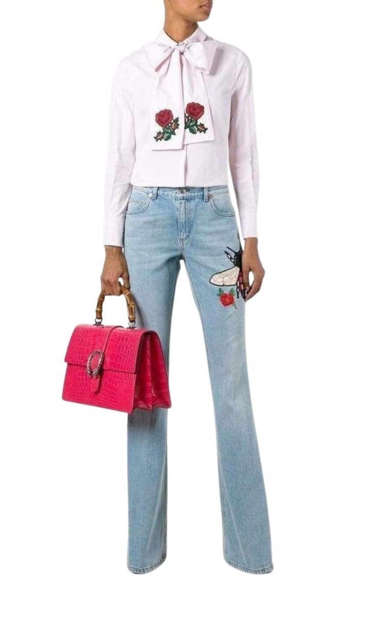 Gucci Fly Embroidered Flared Cotton Jeans