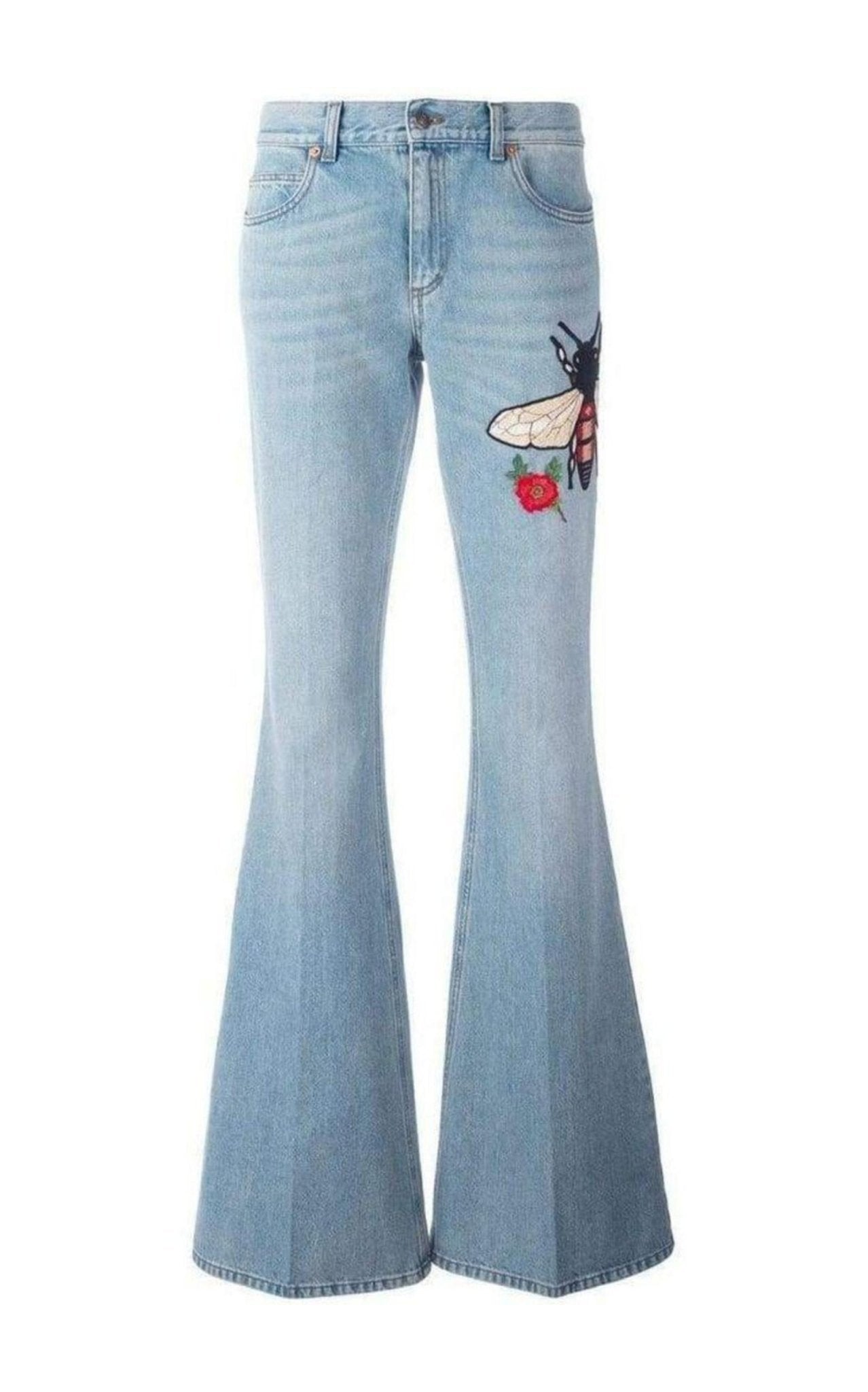 Gucci Fly Embroidered Flared Cotton Jeans