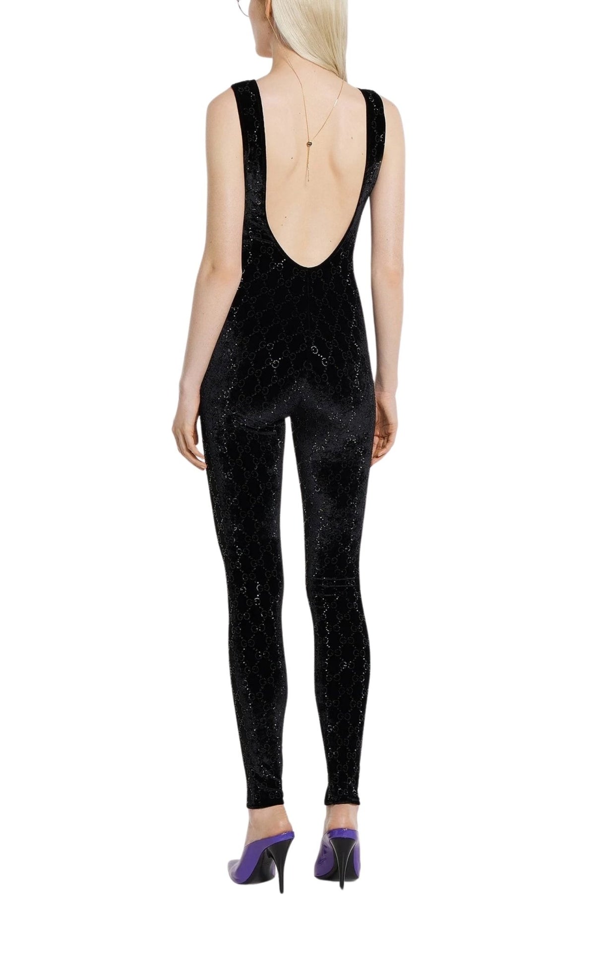 Gucci black velvet sleeveless jumpsuit with allover GG crystal embroidery