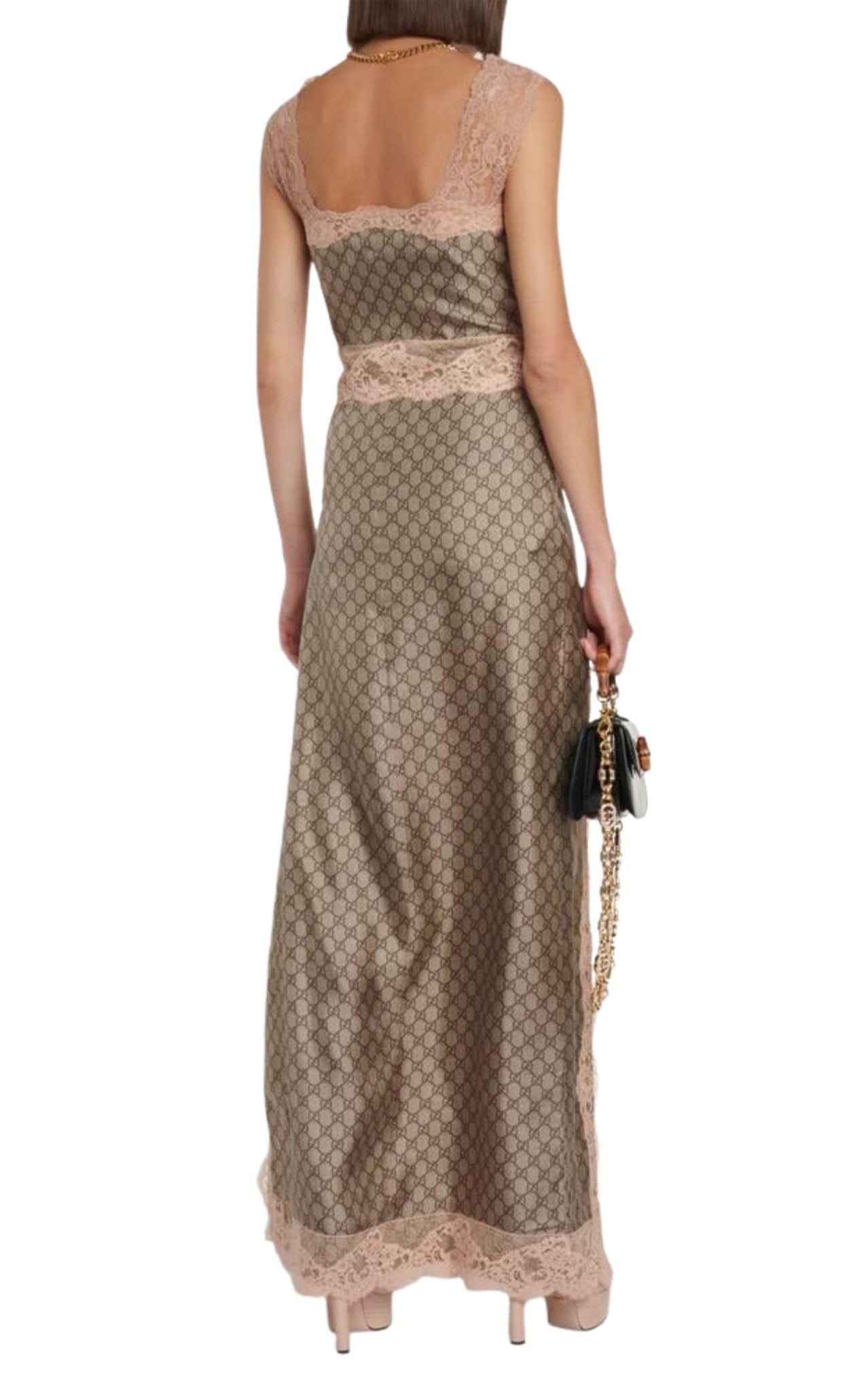 Gucci GG Supreme Silk Maxi Dress Lace Trim