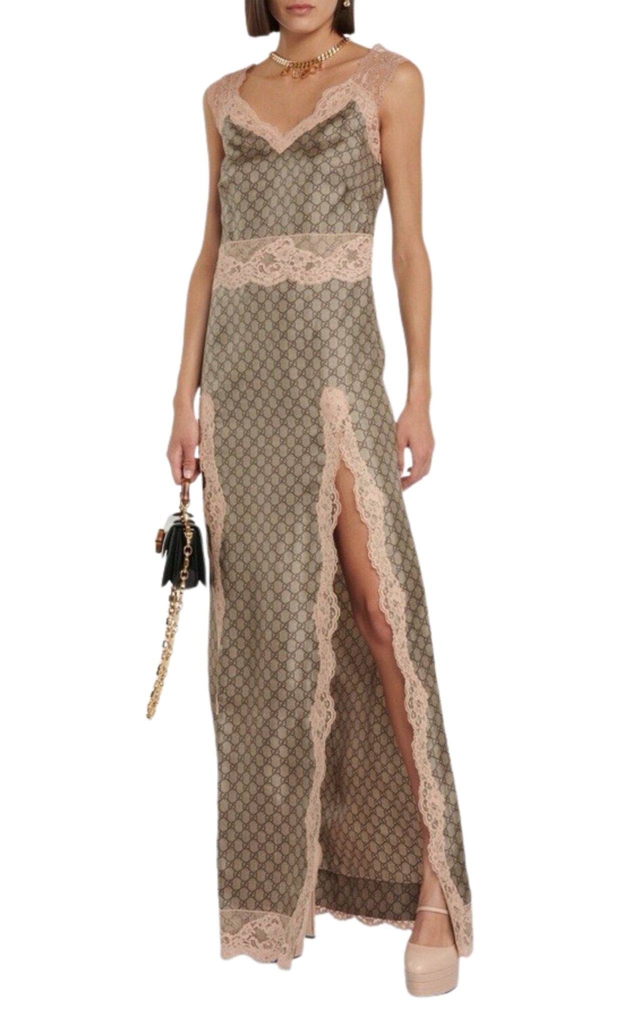Gucci Gg Supreme Lace - Trimmed Silk Maxi Dress - Runway Catalog