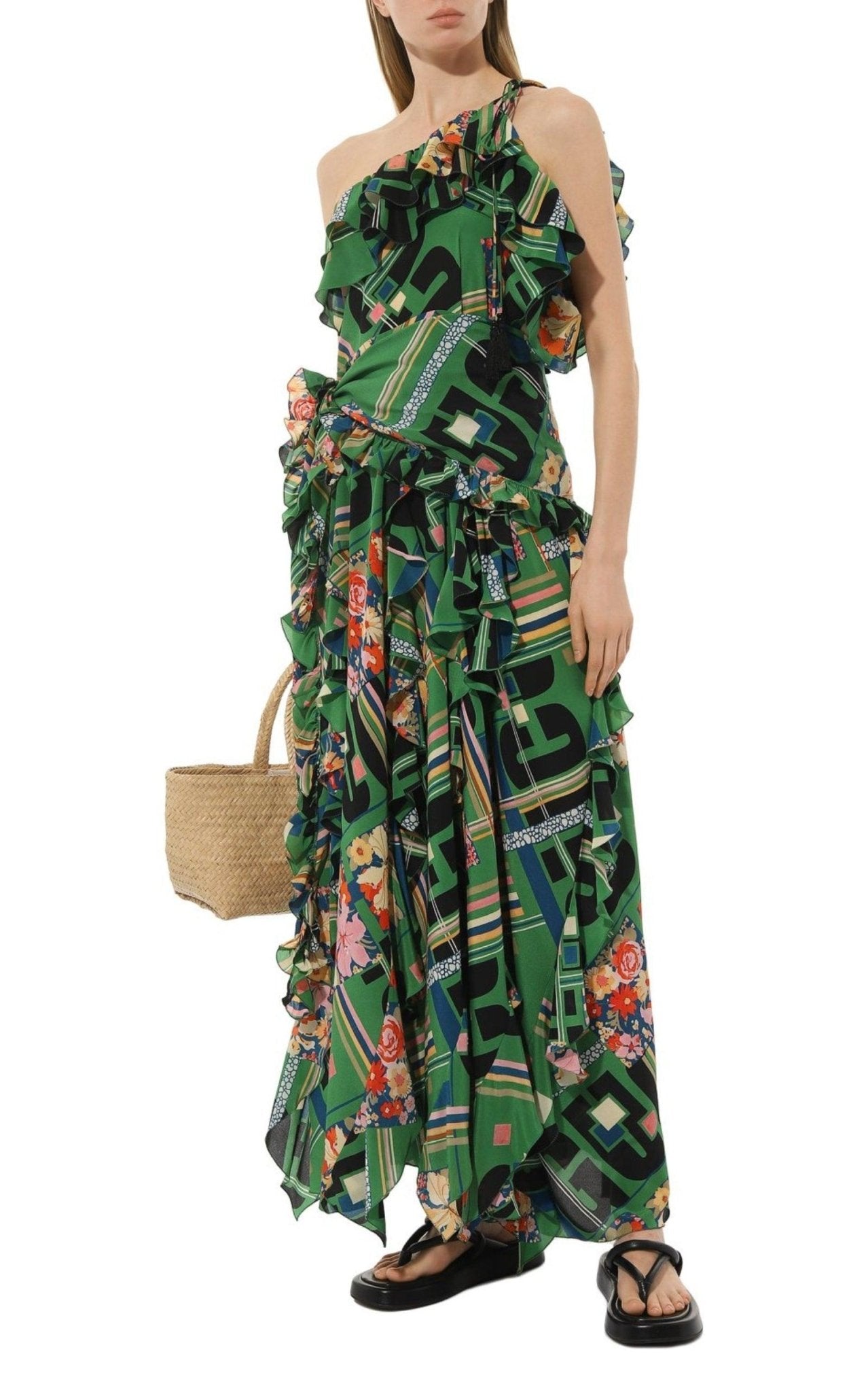 Gucci Green Floral Check-Print Ruffled Silk Gown - Runway Catalog