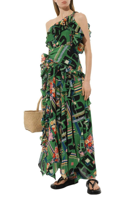 Gucci Green Floral Check - Print Ruffled Silk Gown - Runway Catalog