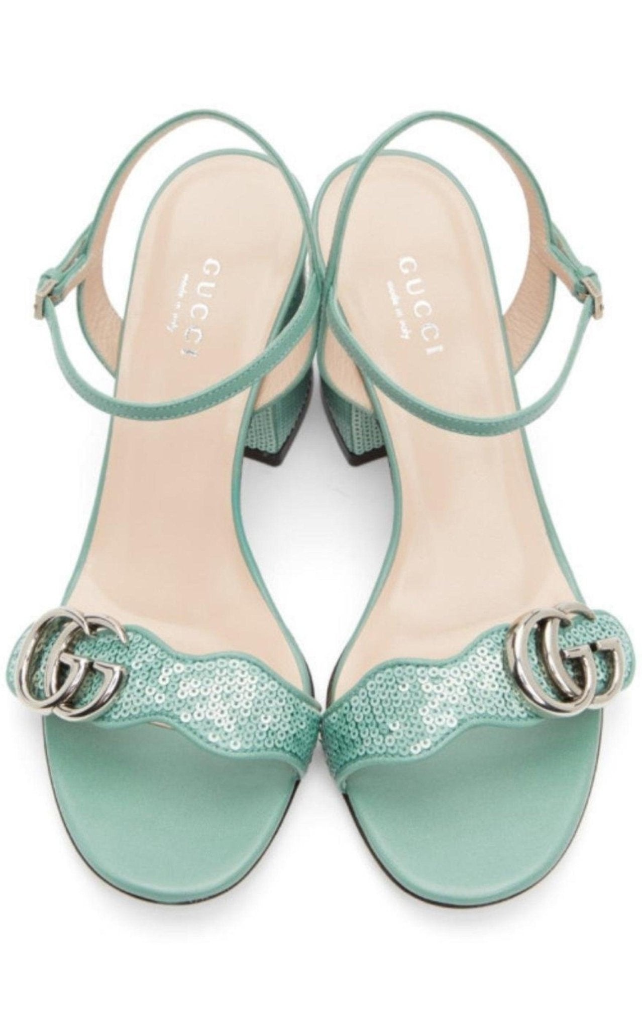 Gucci Green Sequin GG Marmont Mid Heeled Sandals