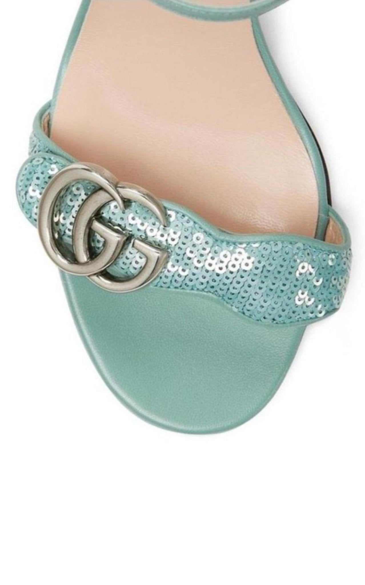 Gucci Green Sequin GG Marmont Mid Heeled Sandals