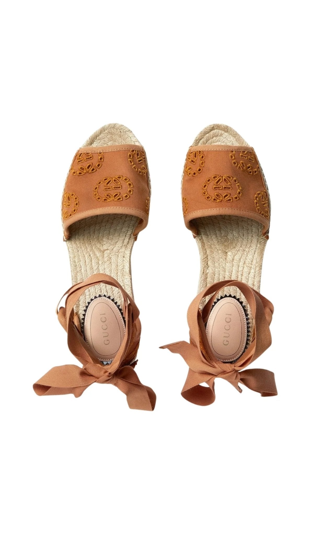Gucci Gucci Interlocking G Platform Espadrilles in Brown Canvas Ribbon Tie - Runway Catalog