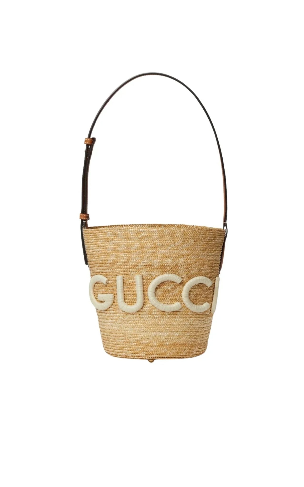 新品タグ付き‼️GUCCI グッチ カットアウト ラバー バケットバッグ Gucci Straw Shoulder Bag with Gucci Patch