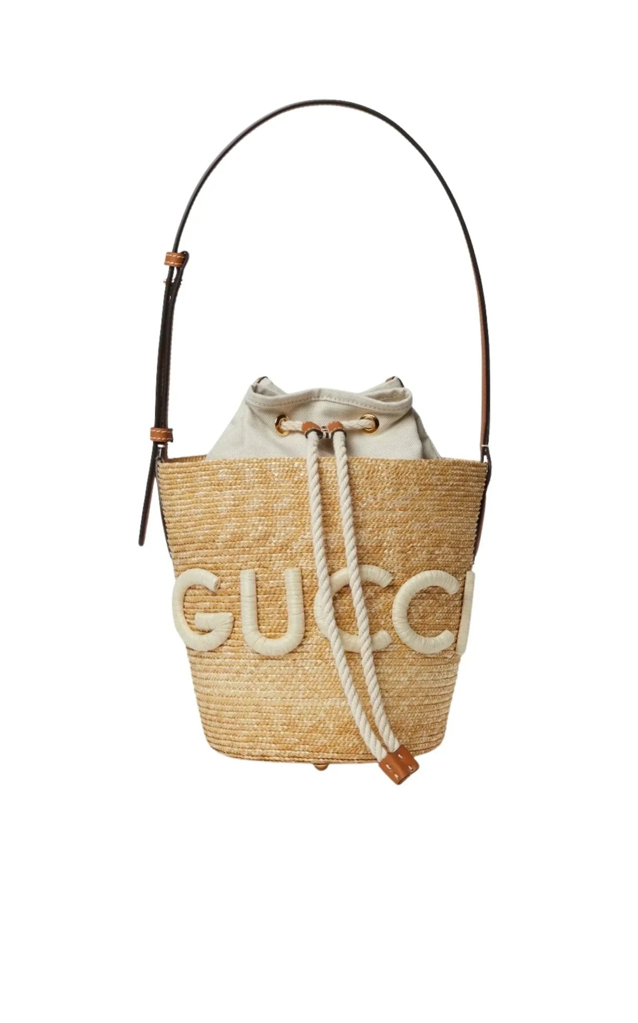 新品タグ付き‼️GUCCI グッチ カットアウト ラバー バケットバッグ Gucci Straw Shoulder Bag with Gucci Patch