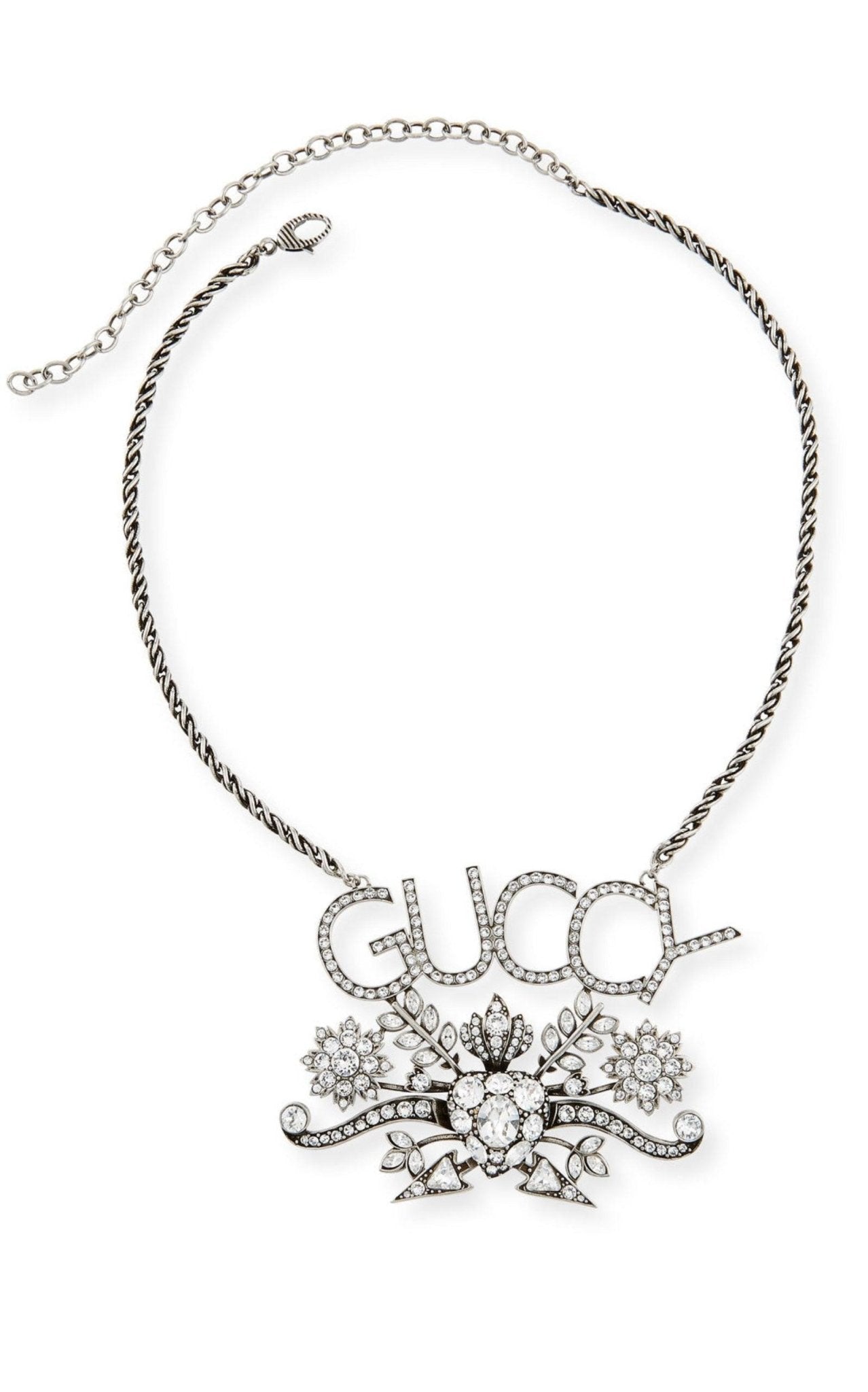 Gucci GUCCY Crystal Logo Necklace Silver