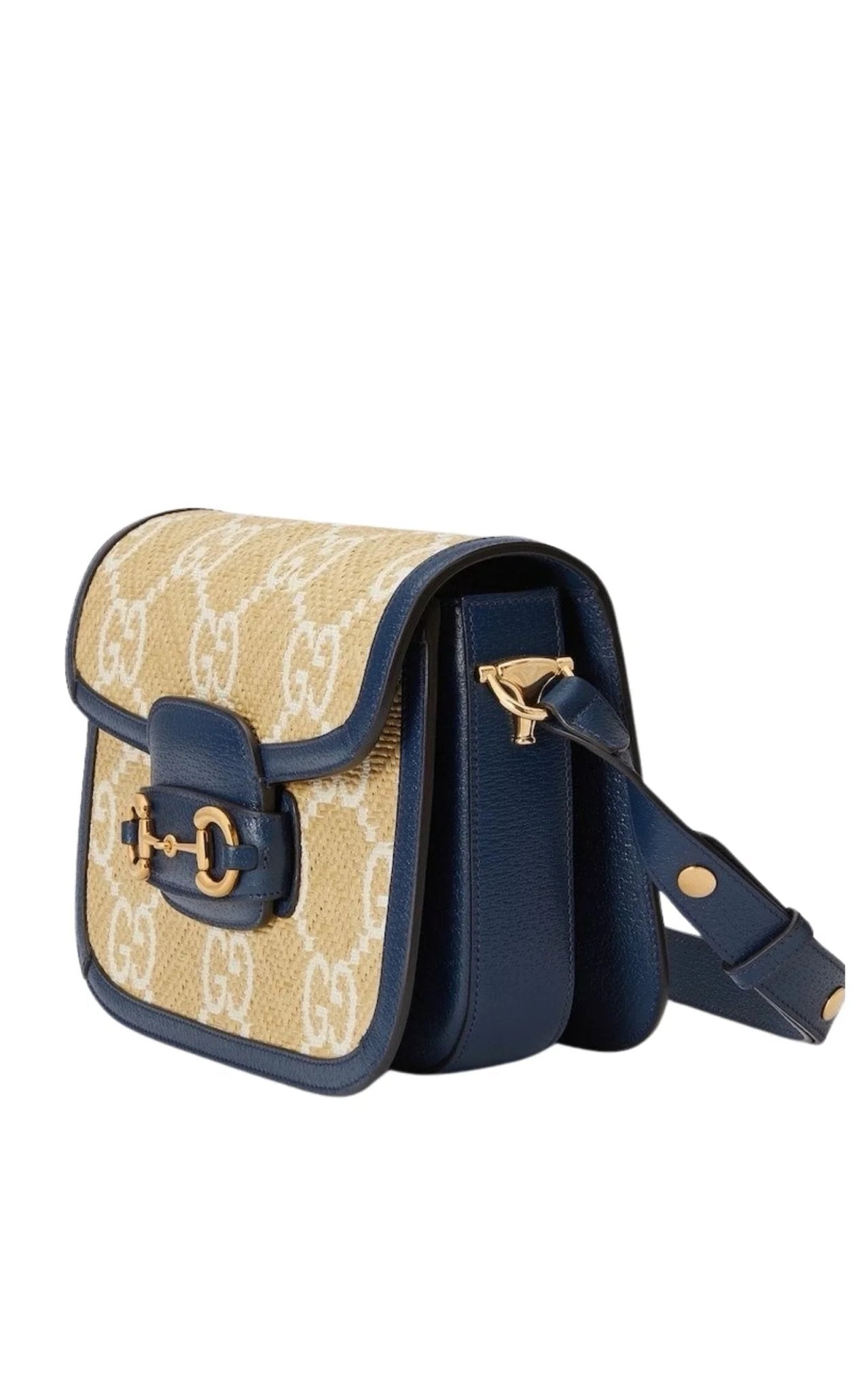 Gucci Horsebit 1955 Blue Raffia Shoulder Bag - Runway Catalog