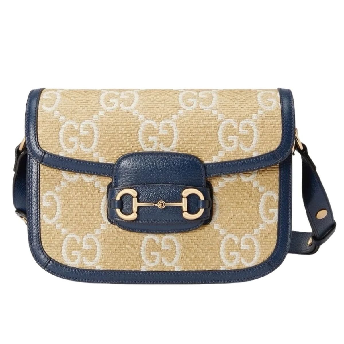 Sac à bandoulière Gucci Horsebit 1955 en raphia bleu - Catalogue défilé