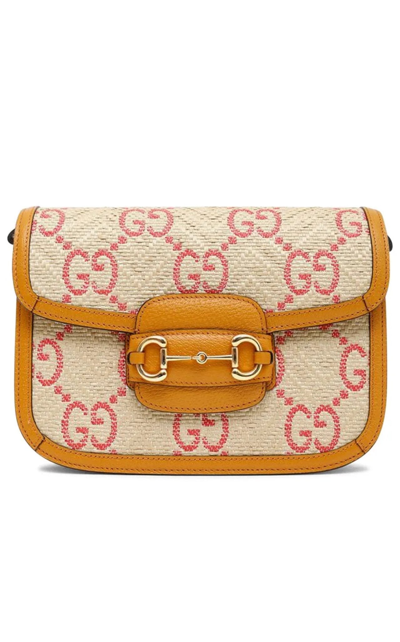 Gucci Horsebit 1955 Pink Raffia Shoulder Bag