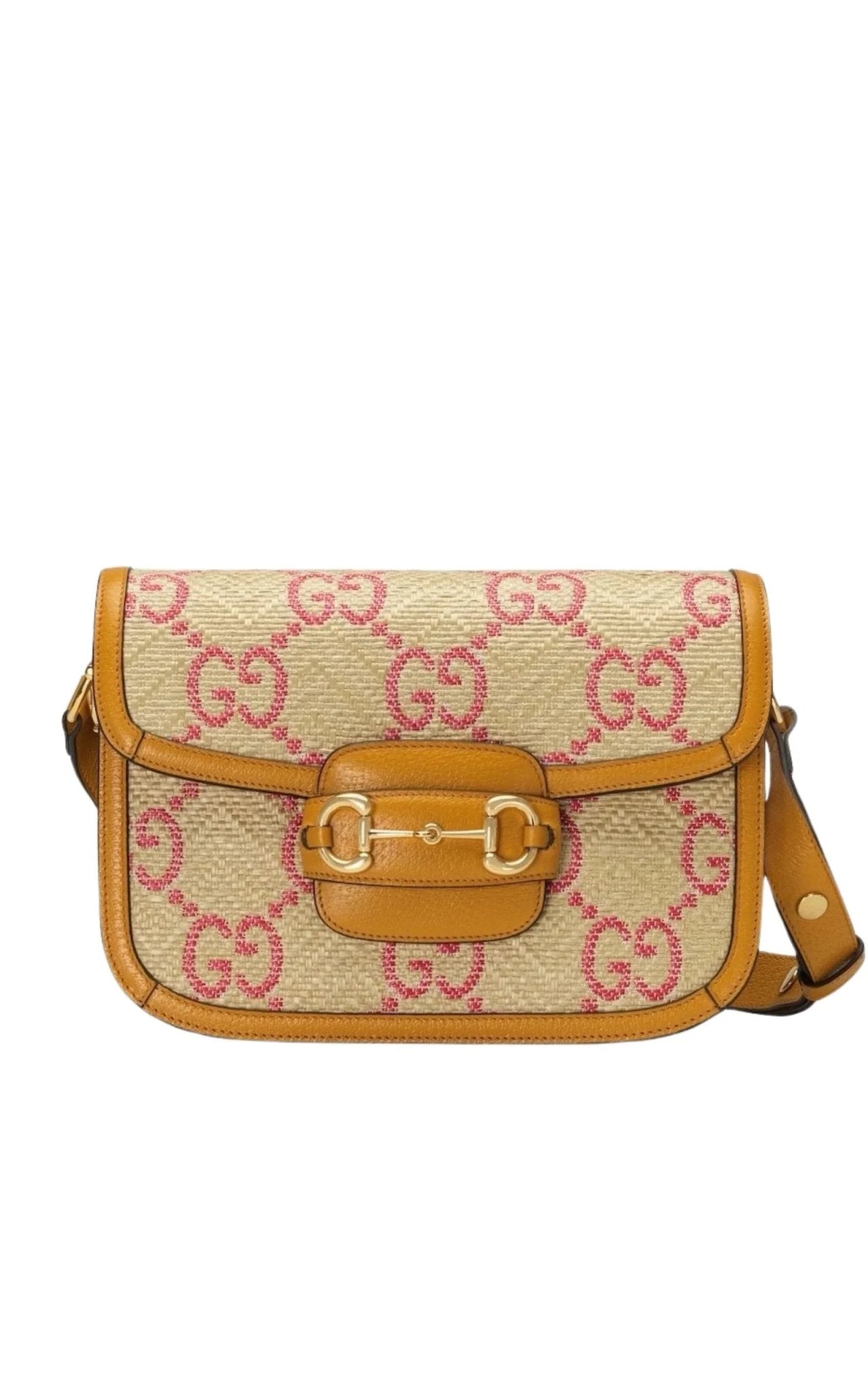 Gucci Horsebit 1955 Pink Raffia Shoulder Bag
